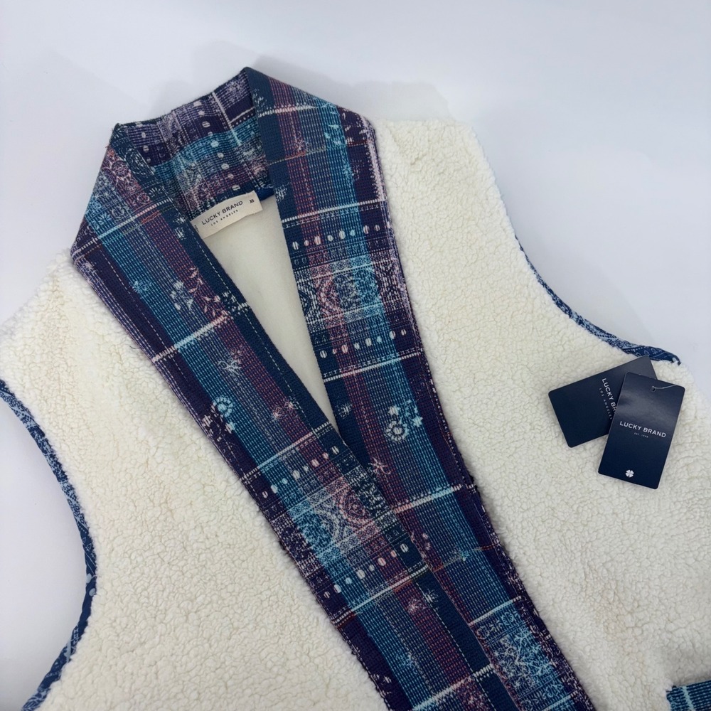 Lucky Brand Women Blue Quilted Patchwork Sherpa Fleece Vest XS NWT